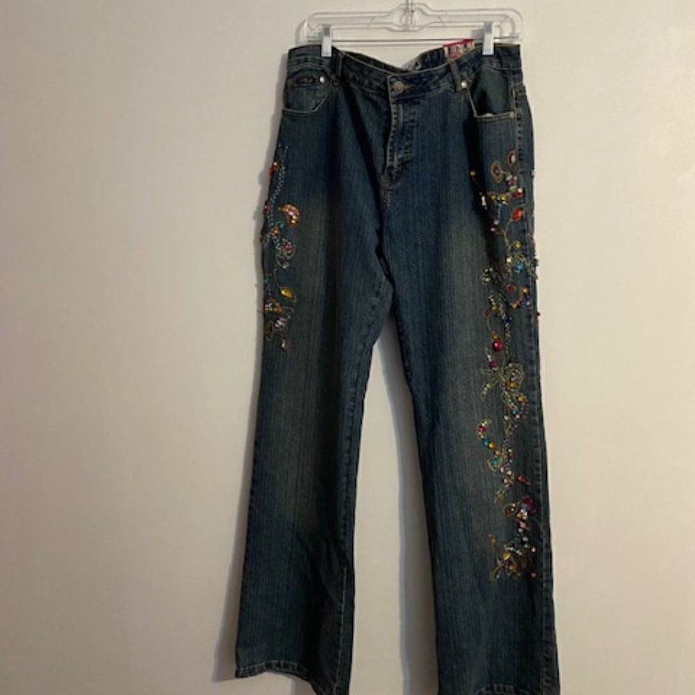 Platinum Plush embellished stretch, flare leg jeans, size 17